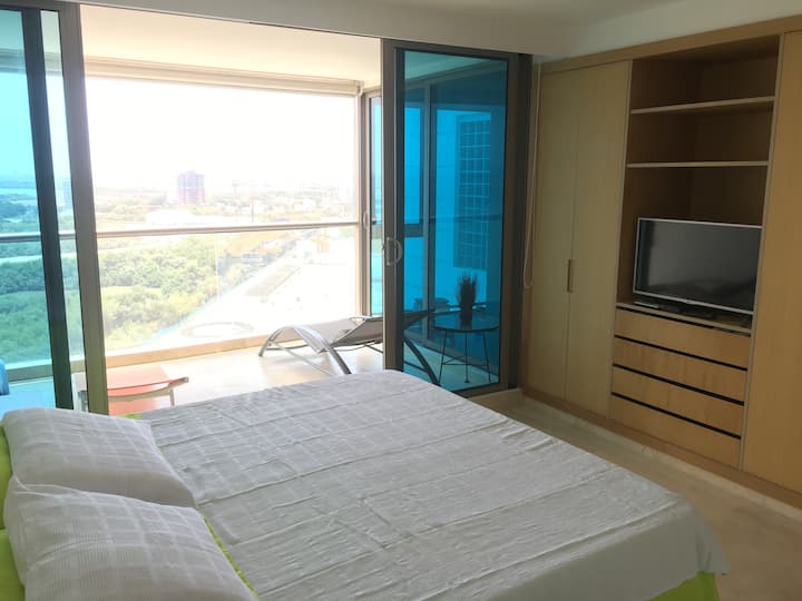 Entrance to the balcony, Closet, Smart TV and Air Conditioning. Main room. Bed of 1.60 x 1.90.