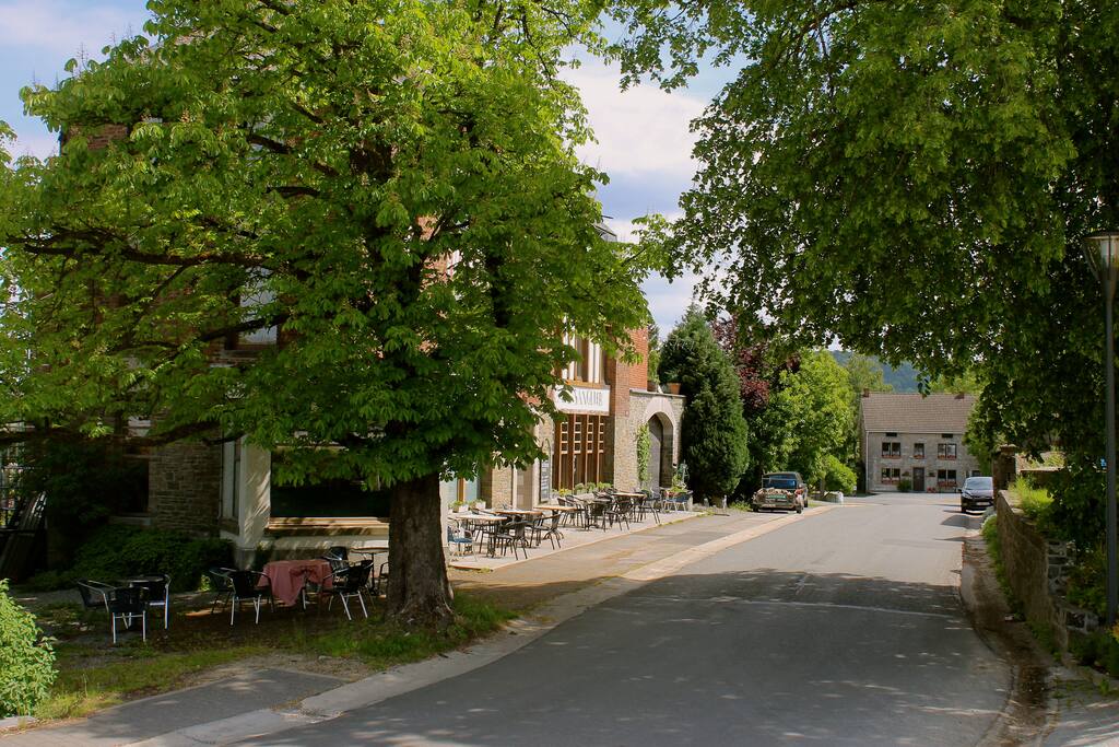 het huis gezien vanaf het dorpsplein met de kastanje waaronder het heerlijk vertoeven is