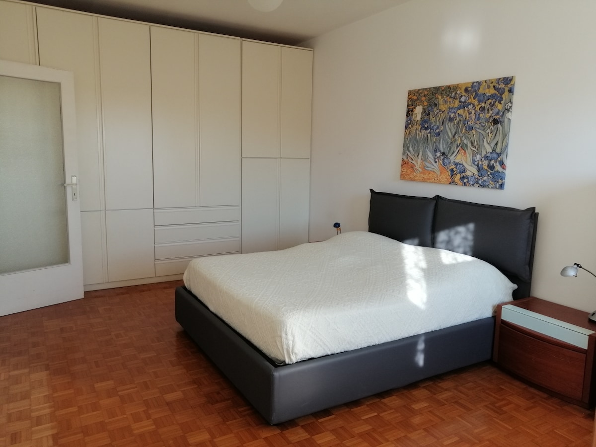 A spacious bedroom is presented with a large bed featuring a dark headboard. Light wood flooring contrasts with the white walls and built-in wardrobe. A piece of artwork adds color to the space. A bedside table with a lamp is positioned next to the bed.