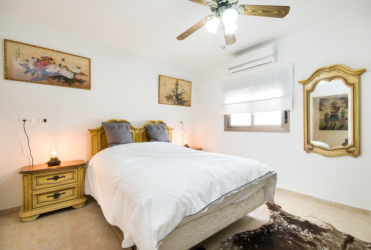A spacious bedroom features a large bed with soft linens and pillows. Decorative wall art enhances the ambiance, while a mirror and bedside lamps add functional elegance. Air conditioning is visible, ensuring comfort throughout the stay.
