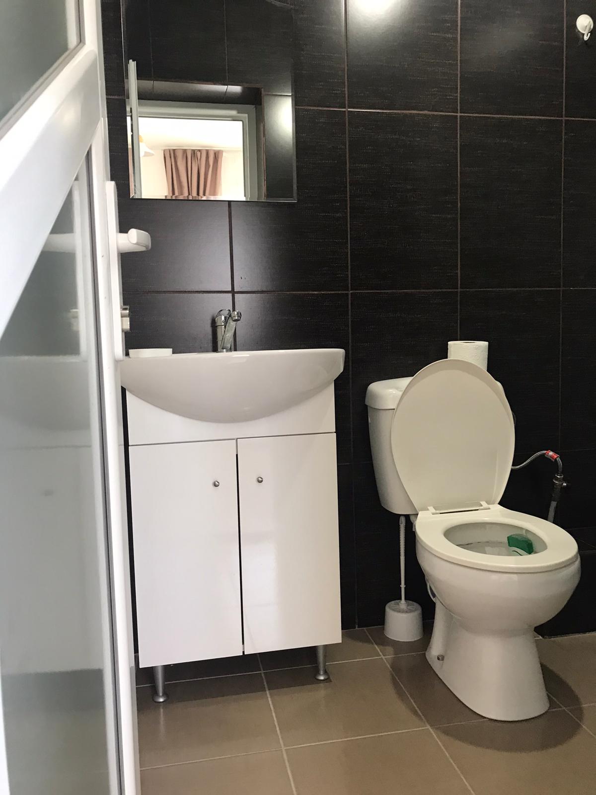 A modern bathroom features a sleek, round sink mounted above a storage cabinet. A toilet is positioned beside the sink, and a small mirror is mounted on the dark-tiled wall. Neutral-toned tiles cover the floor, adding to the contemporary design.