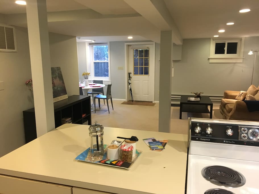 The open kitchen faces a big living room.