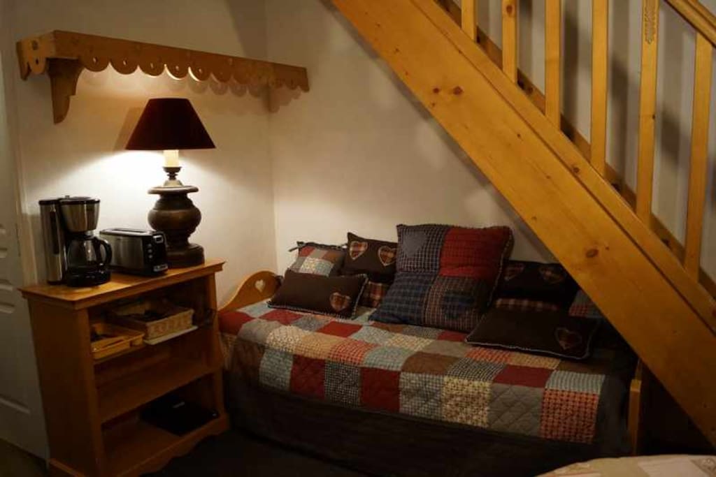 main room: a sofa which could be use as a bed. A closet (wardrobe, shelves) is available for the occupants of this room.