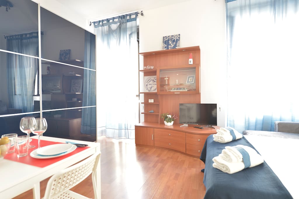 a studio falt with a comfortable bed, spacious wardrobe and a dining area