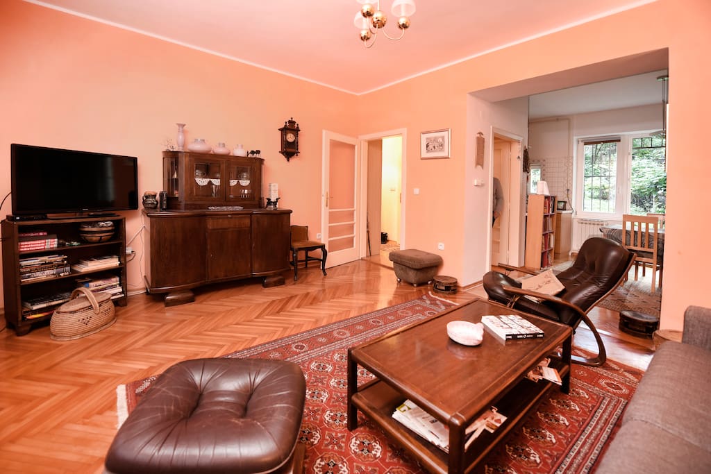 living room with open plan dining area