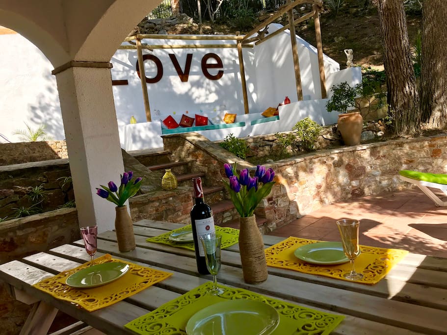 Outside table in front of the pool and the garden