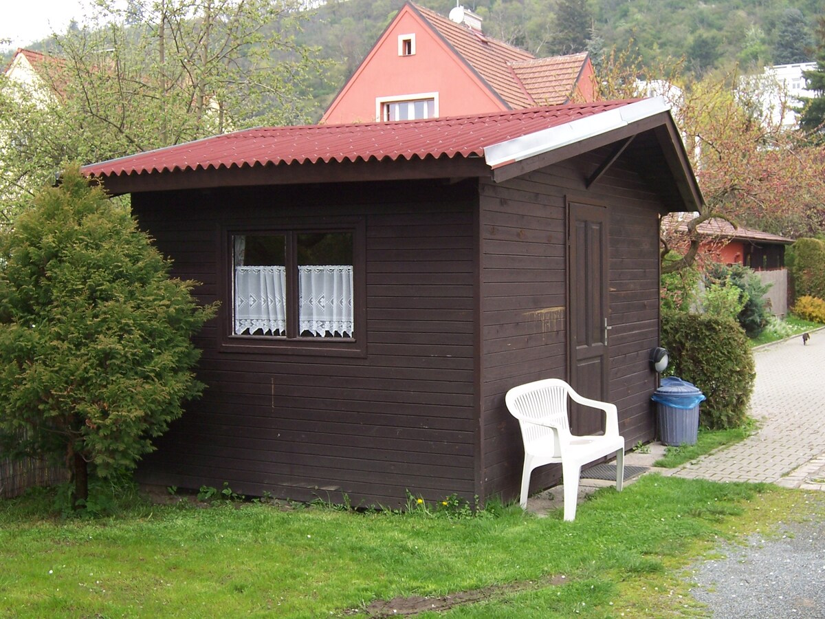 A wooden bungalow is nestled among greenery, featuring a red roof and brown siding. A single white chair is positioned outside, providing a spot for relaxation. The window is adorned with lace curtains, adding a touch of detail to the structure.