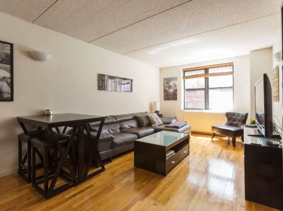 spacious living room, with high top dining table and chairs. apartment faces the back of the building, so NO street noise!
