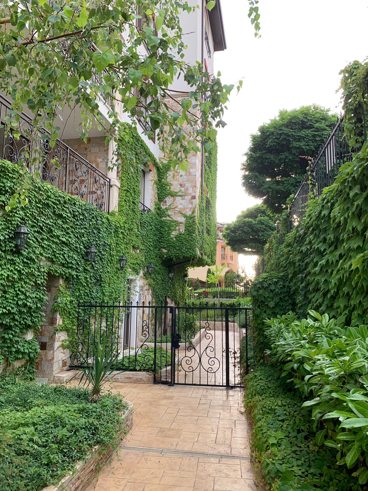 A charming pathway is framed by lush greenery and climbing vines that adorn the exterior of a building. A wrought-iron gate marks the entrance, leading to a serene outdoor area surrounded by well-maintained gardens. Natural elements create a peaceful ambiance.