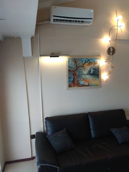 Sofa and A/C in leaving room