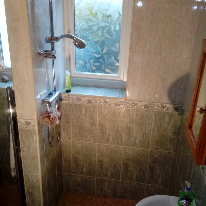 Wet room. shower and bath.