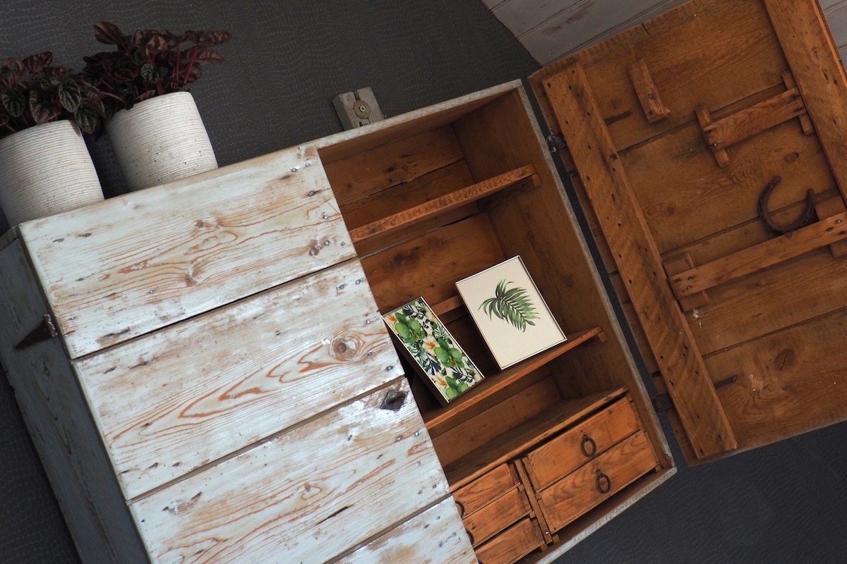 A rustic wooden chest crafted from light-colored wood is partially open, revealing compartments inside. Two small wooden boxes and a decorative card with a leafy design are placed within. The chest is complemented by two potted plants in white pots positioned nearby.