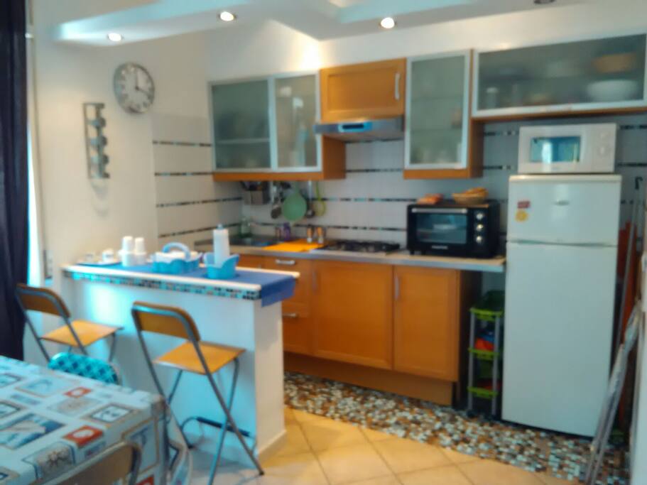 Cucina a vista con lavello fornelli a gas forno ..forno microonde ..frigorifero ..completo di stoviglie