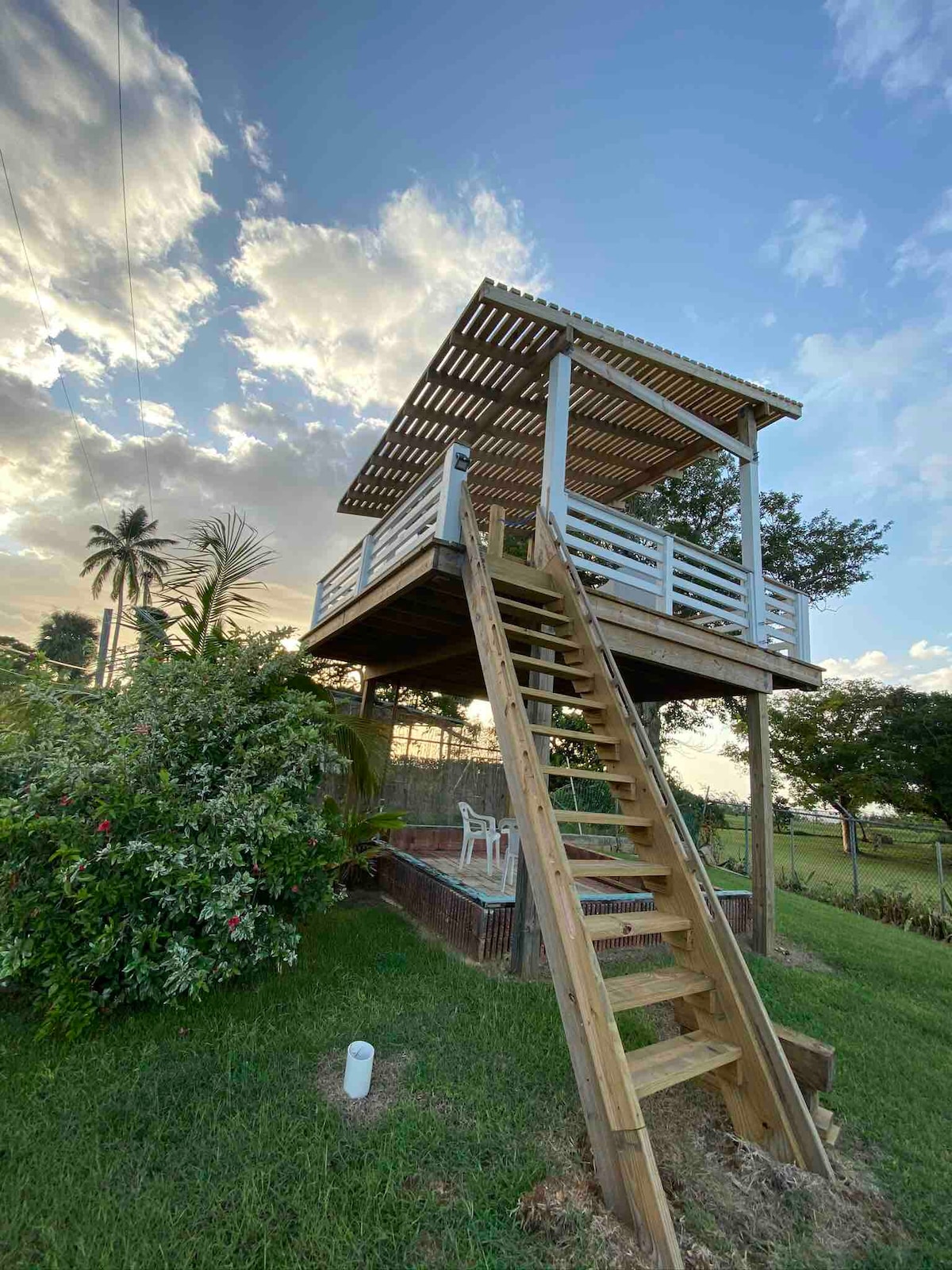 A treehouse with a wooden staircase leads to an elevated deck, providing shade from a pergola-style roof. Surrounding greenery and flowering plants frame the structure, blending nature with a cozy outdoor space. The sky above features soft clouds, adding to a serene outdoor environment.