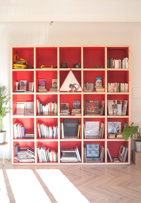 Handmade Bookshelves and collection of artists' book