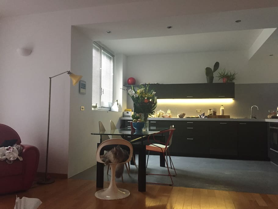 Open space cucina/living con accesso diretto al balcone