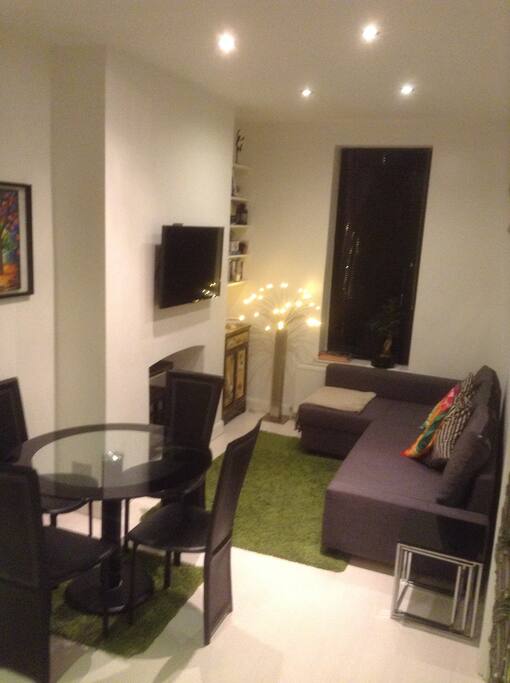 Lounge with electric fire, tv, dining table and a comfy sofabed.