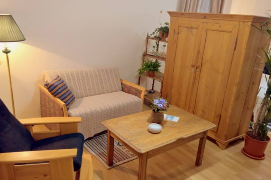 Living room and bedroom is divided with the wardrobe.