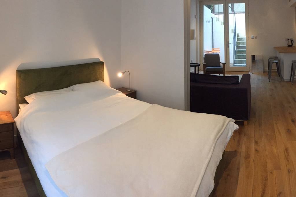Bedroom with sliding doors open