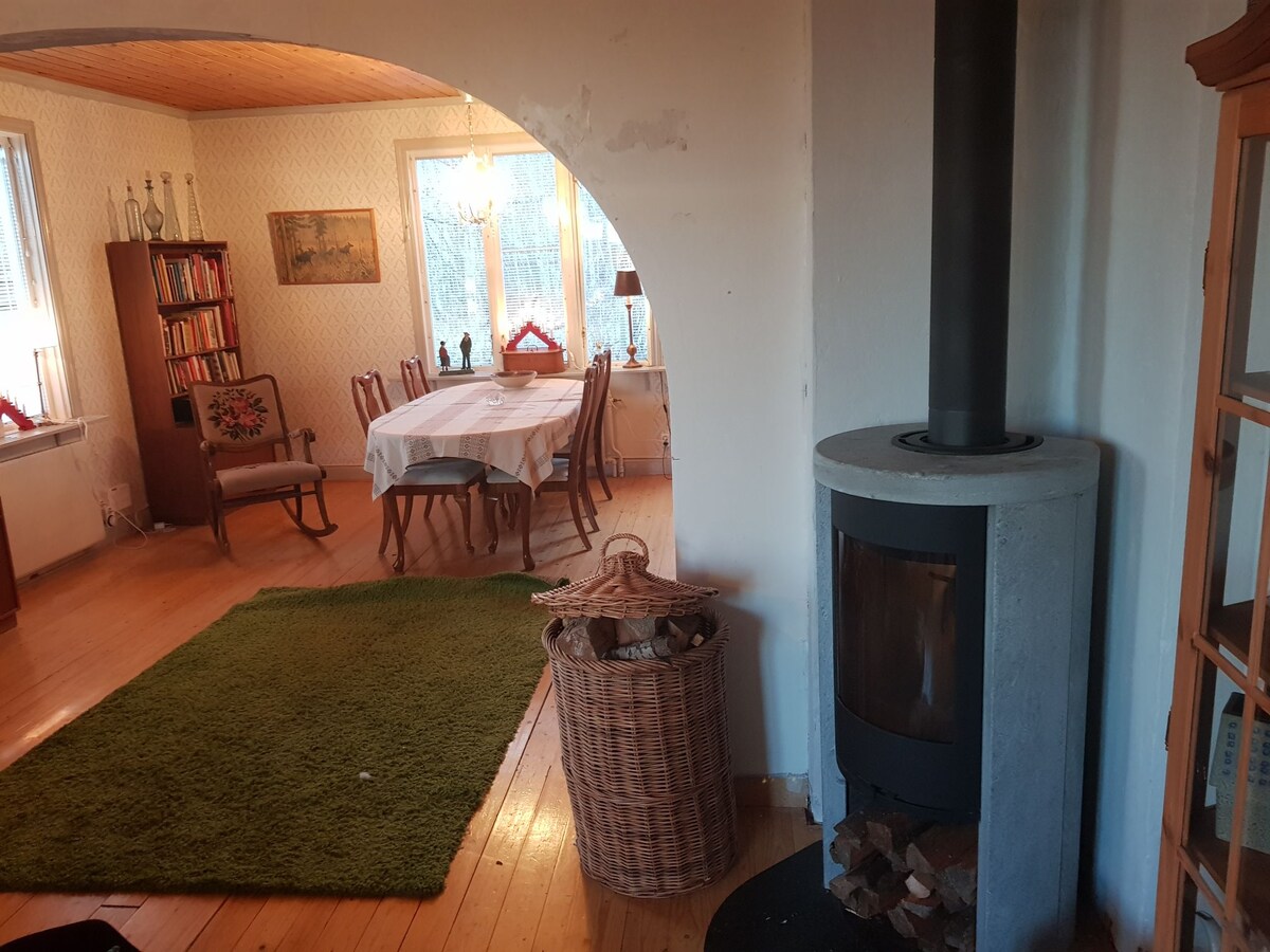An open living space is depicted, featuring a cozy wood stove and a wicker basket filled with firewood. A green rug lines the wooden floor, and a dining area is visible with a white tablecloth and wooden chairs. Natural light pours in through large windows.