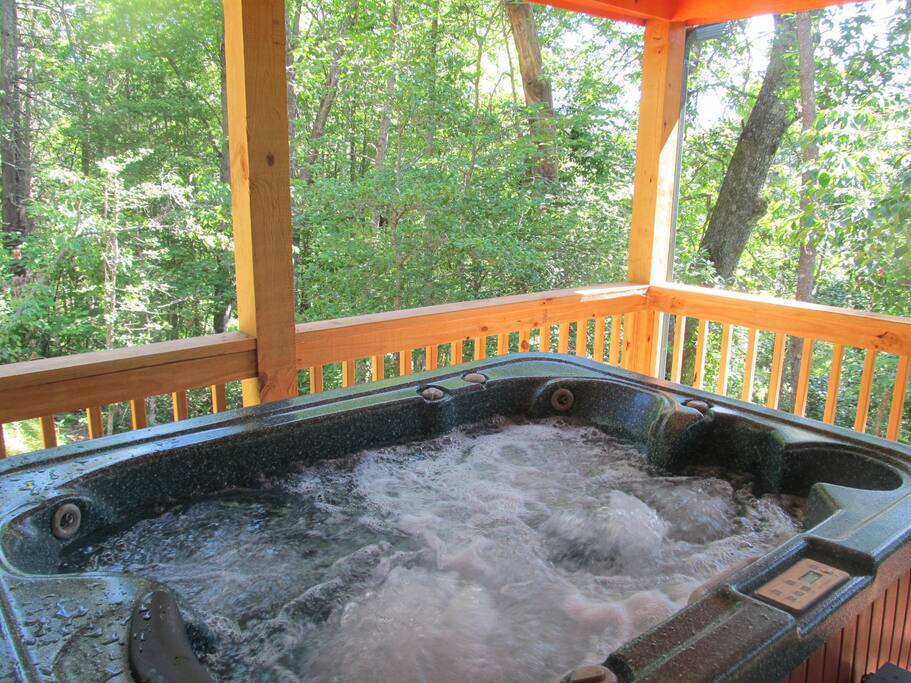 Private hot tub surrounded by nature, and bird singing. The best sun rise from a mountain hot tub!