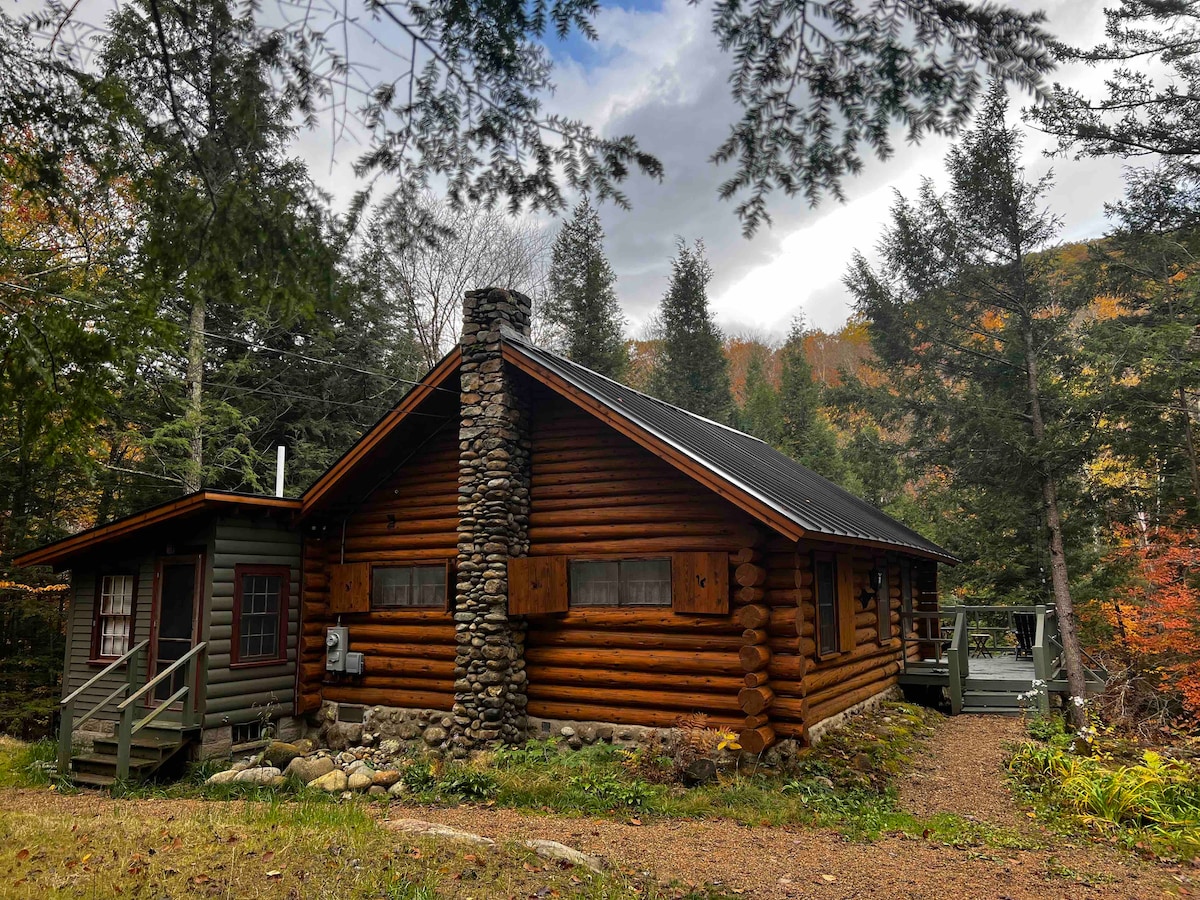A rustic log cabin is set among tall trees, displaying a sturdy stone chimney. The structure features wooden siding, and small windows are seen throughout. A slight path leads to the entrance, surrounded by natural landscaping and distant autumn foliage.