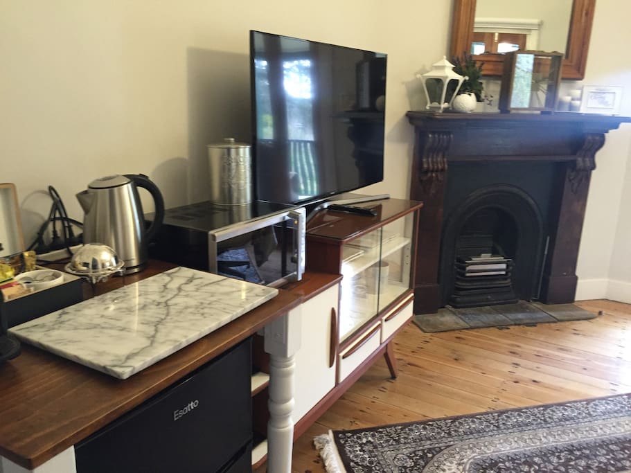 Fridge, microwave, coffee machine, kettle and toaster