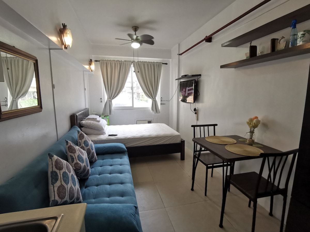 A studio unit features a semi double bed with white linens and a long blue sofa accented with patterned cushions. A small dining table with two chairs is positioned near the kitchenette, and a television is mounted on the wall. Natural light enters through the window, with leaves of nearby trees visible.