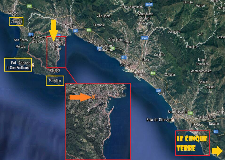 Posizione appartamento- da cui sono facilemente raggiungibili il Parco di Portofino, il Parco delle Cinque Terre e Genova!