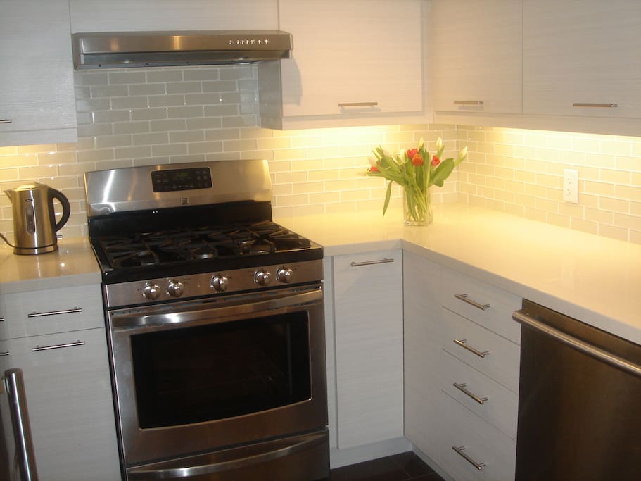 Kitchen with Quartz counter tops, breakfast counter, new appliances, joy and pride of apt.!