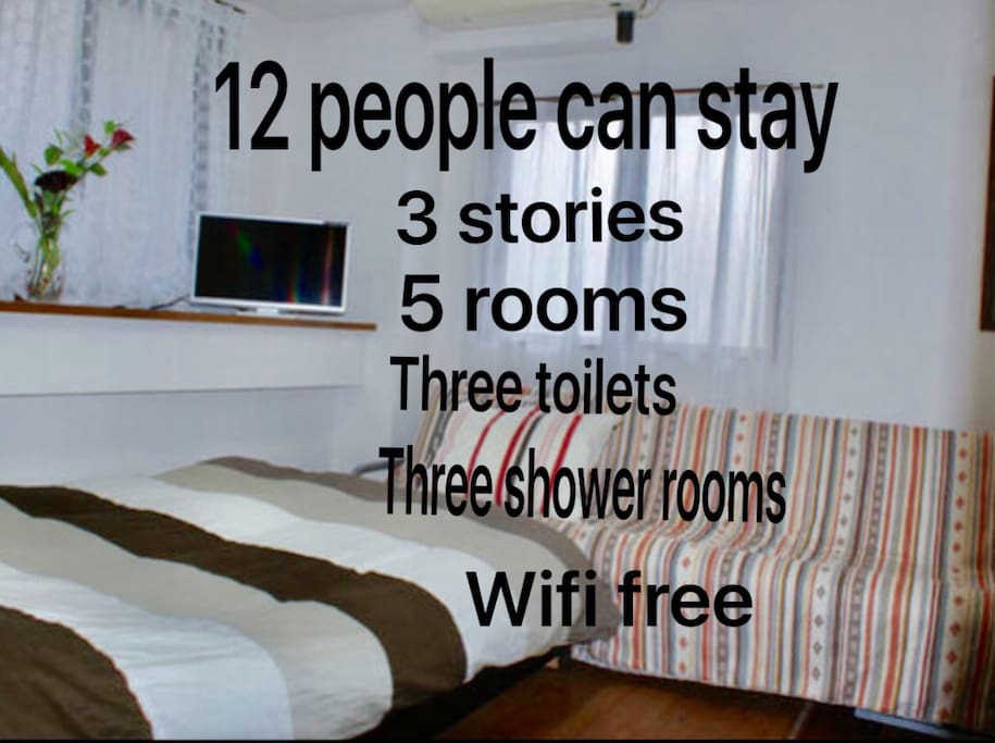 12人泊まれる
3階建て 5部屋が有ります
3つトイレ、シャワールームがあります。
First floor: one semi double bed and one sofa bed
2nd floor: one double bed and 2 -3Japanese futon
3th floor: one semi-double bed and 2 -3Japanese futon