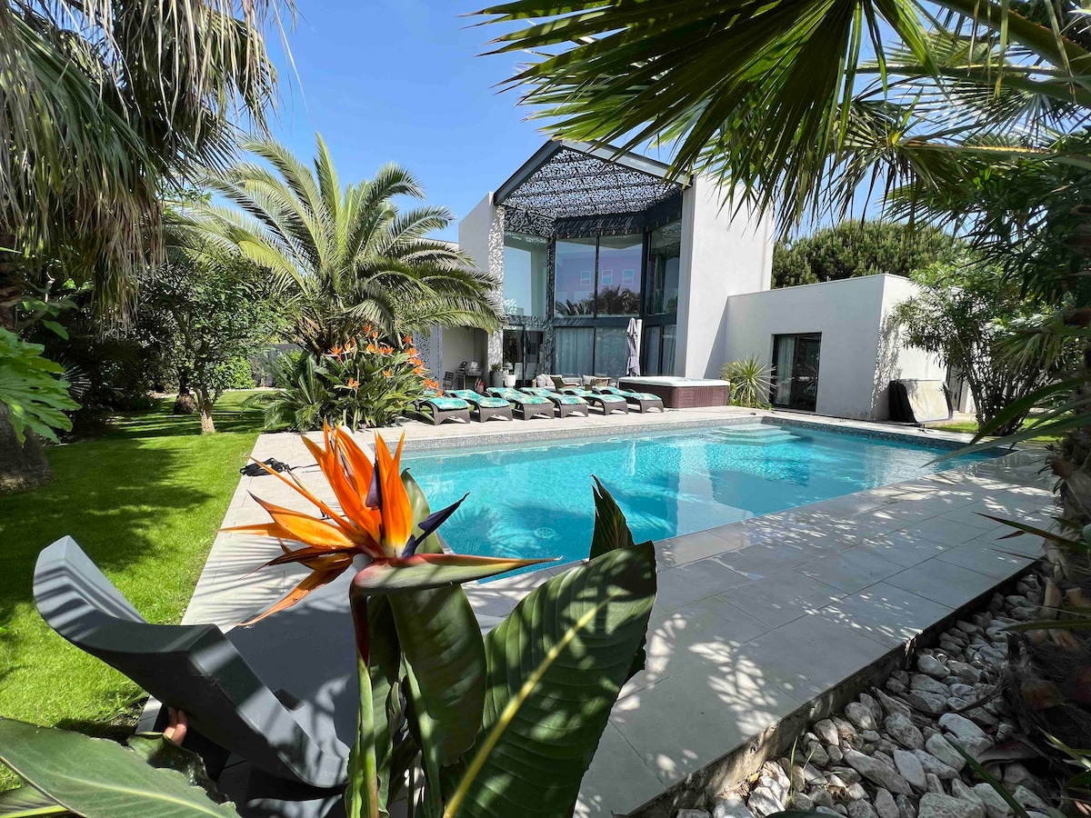 An outdoor view of the villa showcases a heated swimming pool surrounded by comfortable lounge chairs. Lush tropical plants, including palm trees and vibrant bird of paradise flowers, frame the scene, emphasizing the tranquil garden atmosphere and inviting pool area.