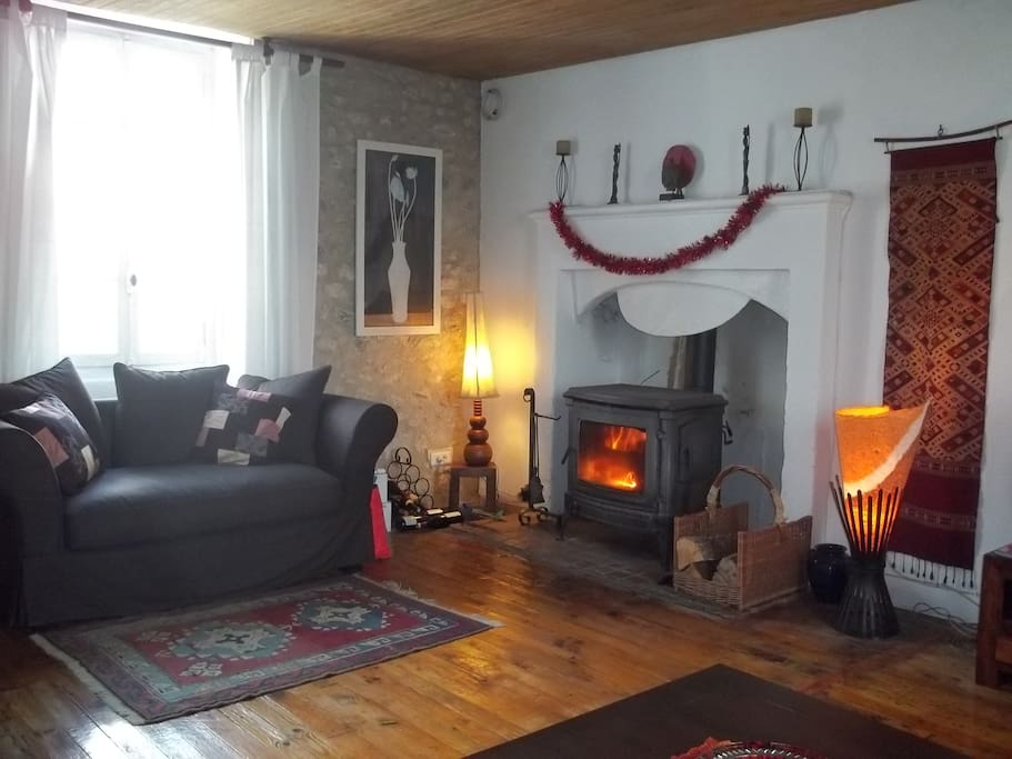 Living room with cozy fire
