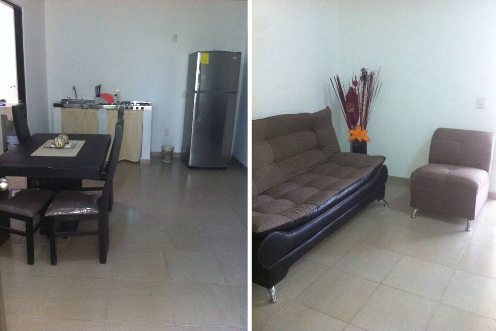 Antecomedor 4 personas, sala con sofá cama
