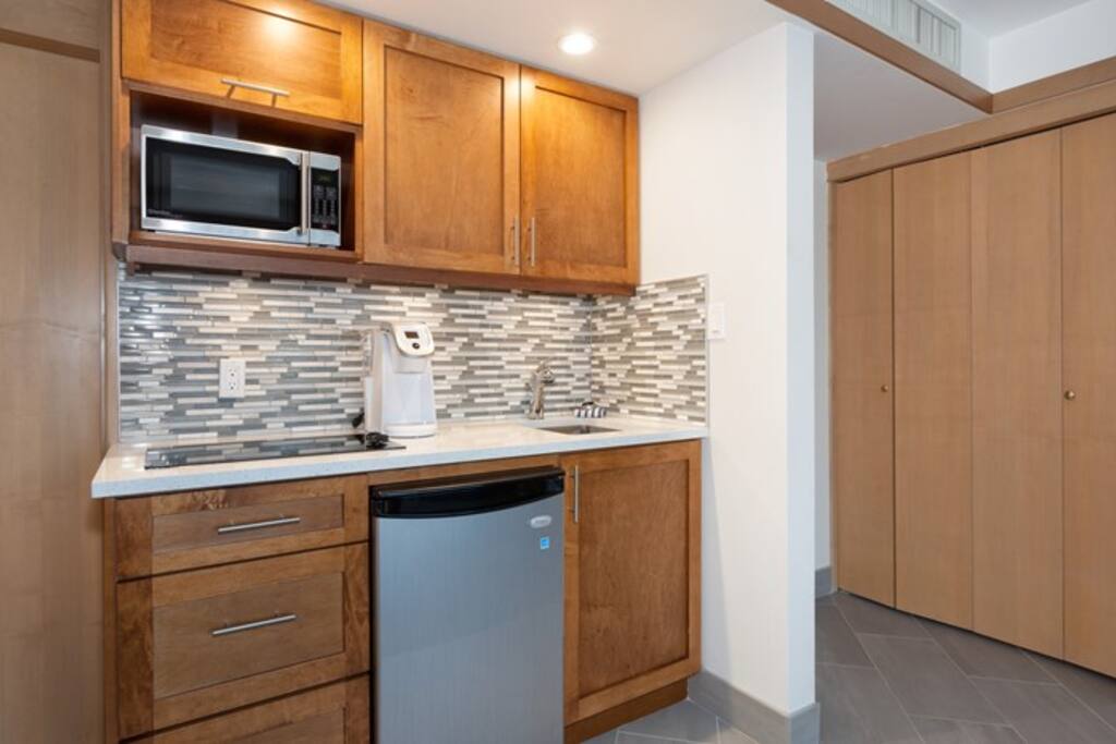 The modern kitchenette includes a hot plate, microwave, mini-fridge and coffee maker.