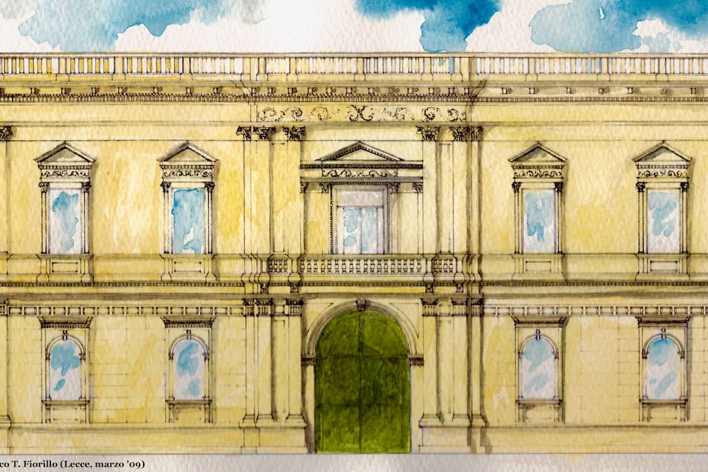 Facciata del palazzo in un acquarello di Marco T. Fiorillo / Facade of Palazzo Tamborino Cezzi in a watercolor painting by Marco T. Fiorillo.