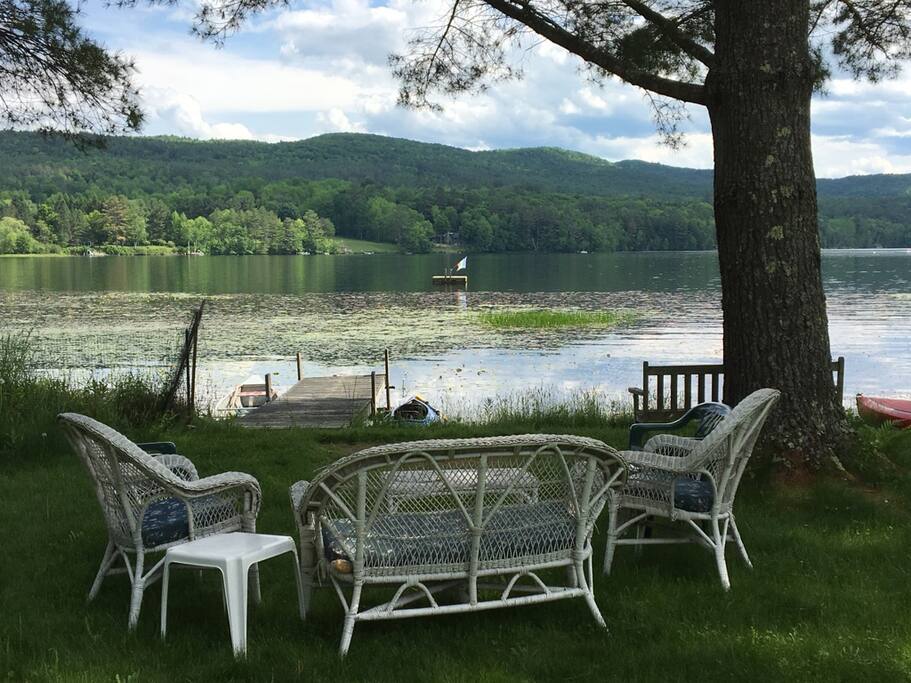 Waterfront seating. Waterlilies are lovely to look at but limit boating access to shallow water craft.