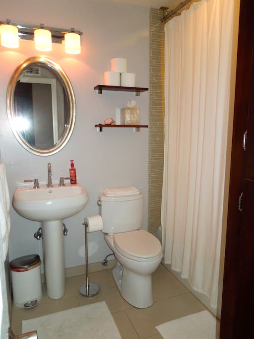 Fully remodeled guest bathroom.