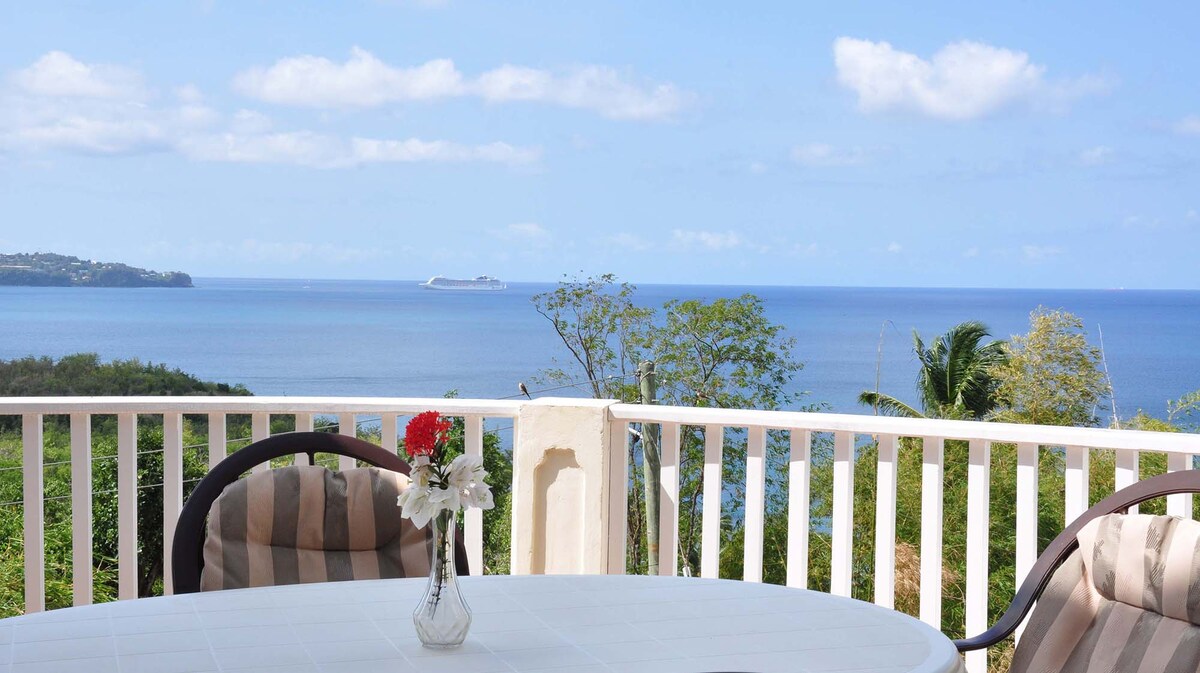A dining table set on a terrace features a simple vase with a single flower. The space offers views of the ocean and coastal landscape, with blue waters stretching toward the horizon and foliage framing the scene.