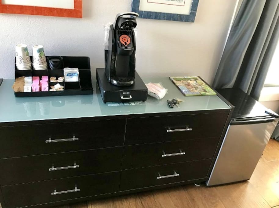 Coffee and mini fridge in the master