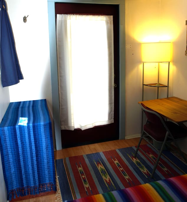 Desk folds down for more room.