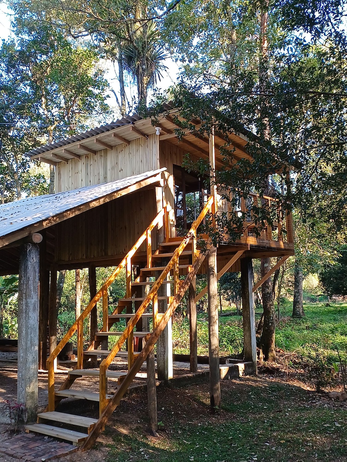 A raised wooden structure is viewed, featuring a spacious balcony and an accessible staircase. The building is surrounded by lush greenery, with tall trees providing shade. Natural materials are used in the construction, highlighting a seamless connection to the environment.