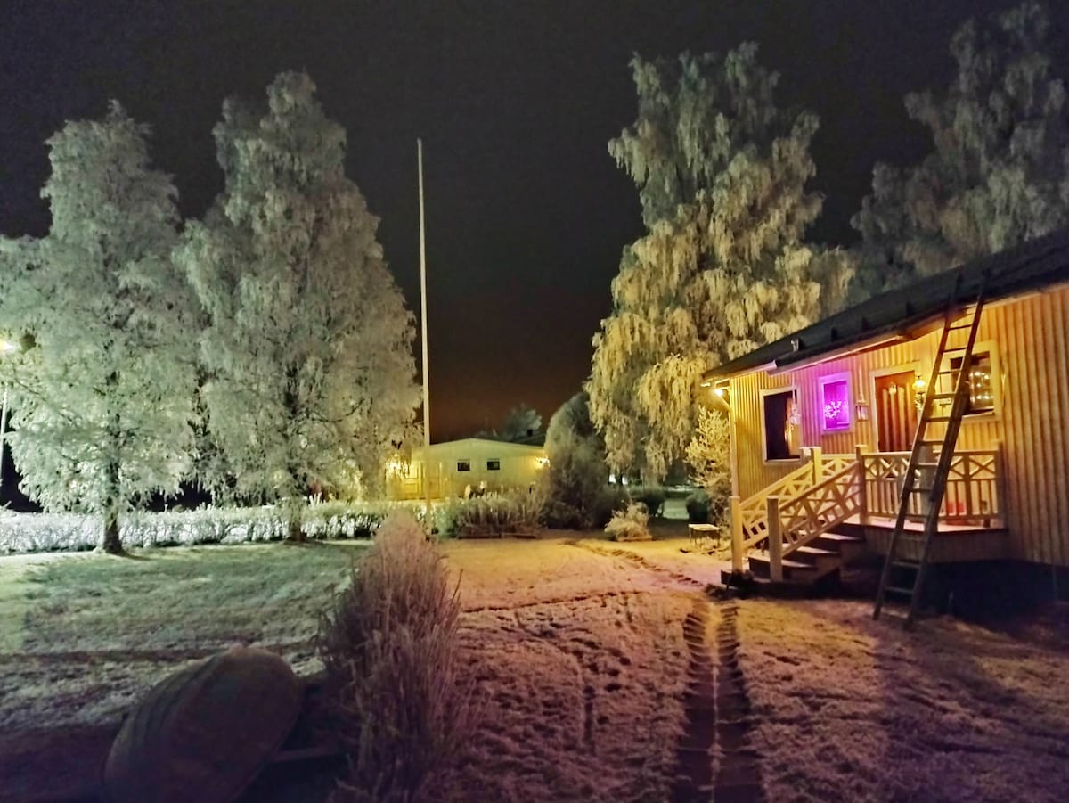 A snowy, winter scene features a charming cabin illuminated by warm lighting against a backdrop of frosted trees. A path leads through the white landscape, showcasing the serene ambiance created by the surrounding snow-covered environment.