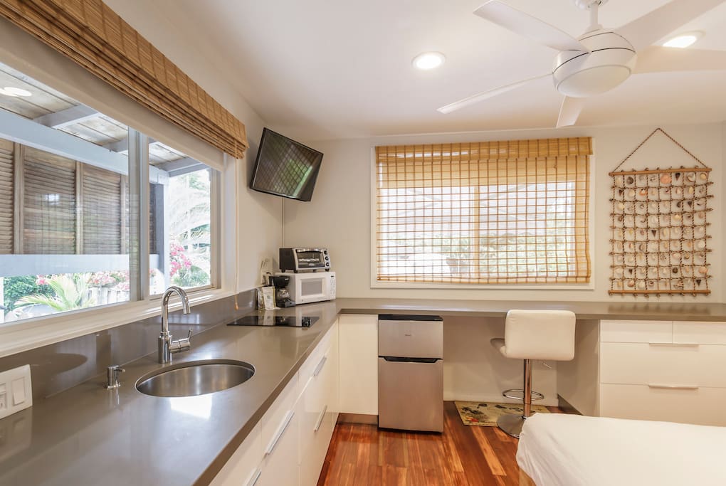 Kitchenette with Sink, Two Burners, Toaster Oven & Microwave