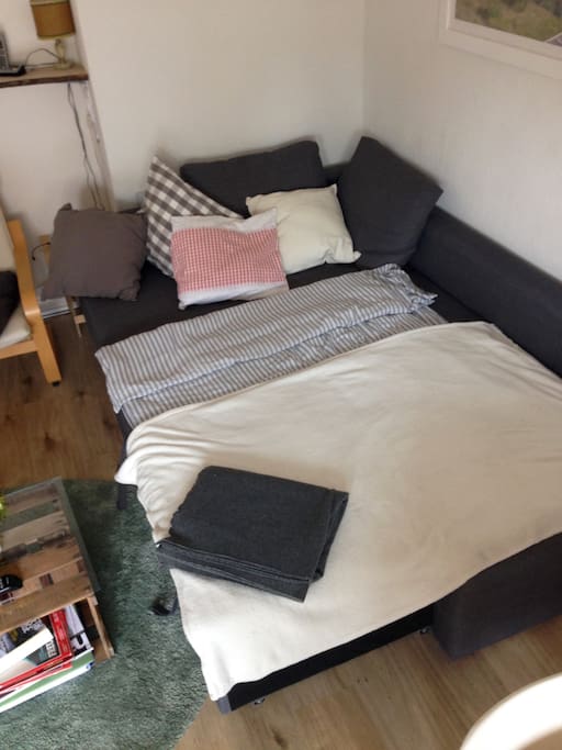 Wohnzimmer mit ausgeklapptem Bett