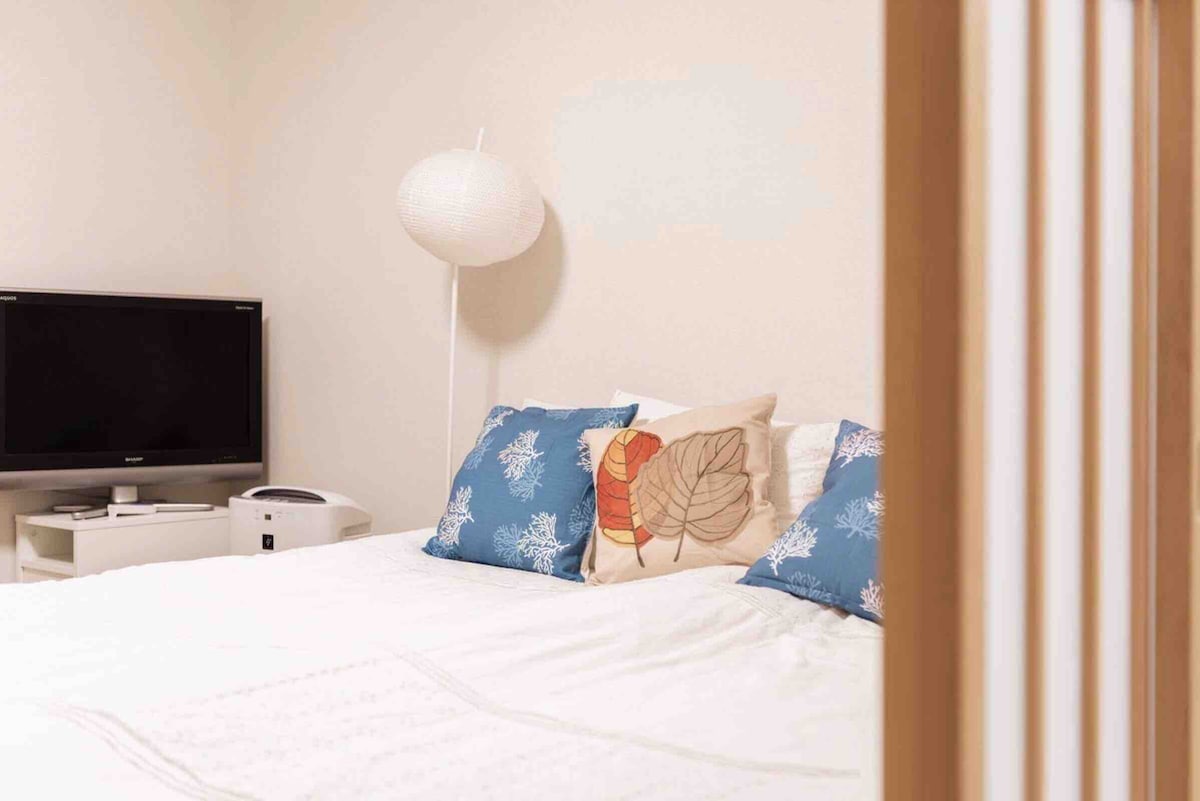 A serene bedroom setting is presented, featuring a spacious bed adorned with decorative pillows in shades of blue and a leaf motif. A modern lamp offers soft lighting, and a television is positioned across the room. The design maintains a minimalist aesthetic.