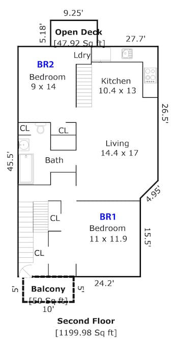 Entrance is at the top of the stairs on the bottom left of the floor plan.