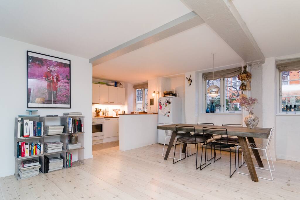 The dining area and kitchen