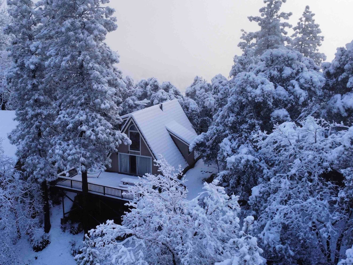 A serene A-frame house is nestled among snow-covered trees, creating a tranquil winter scene. The roof is blanketed in snow, while the surrounding landscape features frosted pines, giving an impression of seclusion and natural beauty.