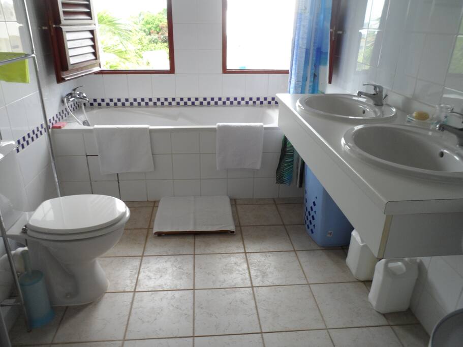 Une salle de bain privative, avec une baignoire, double vasque, toilettes et penderie.